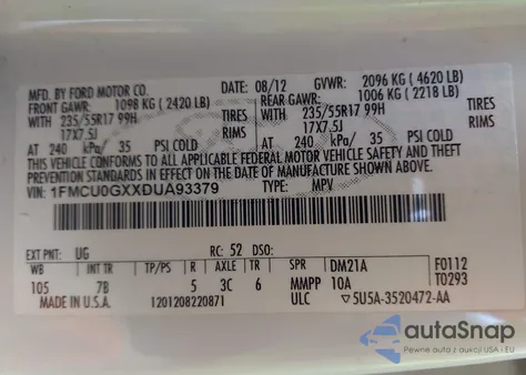 2013 Ford Escape Se z USA, uszkodzony, nr VIN 1FMCU0GXXDUA93379